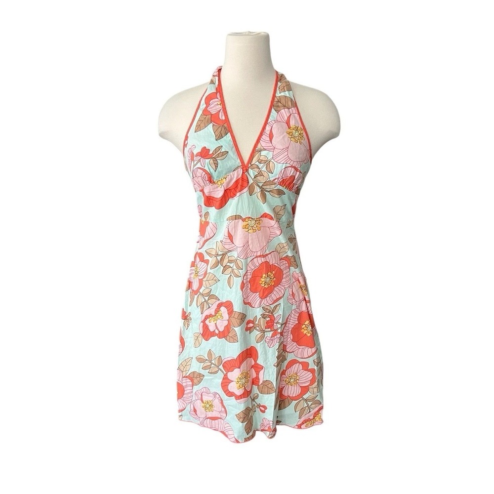Aqua Blues Y2K Floral Hawaiian Halter Dress Medium Summer Vacation Resort